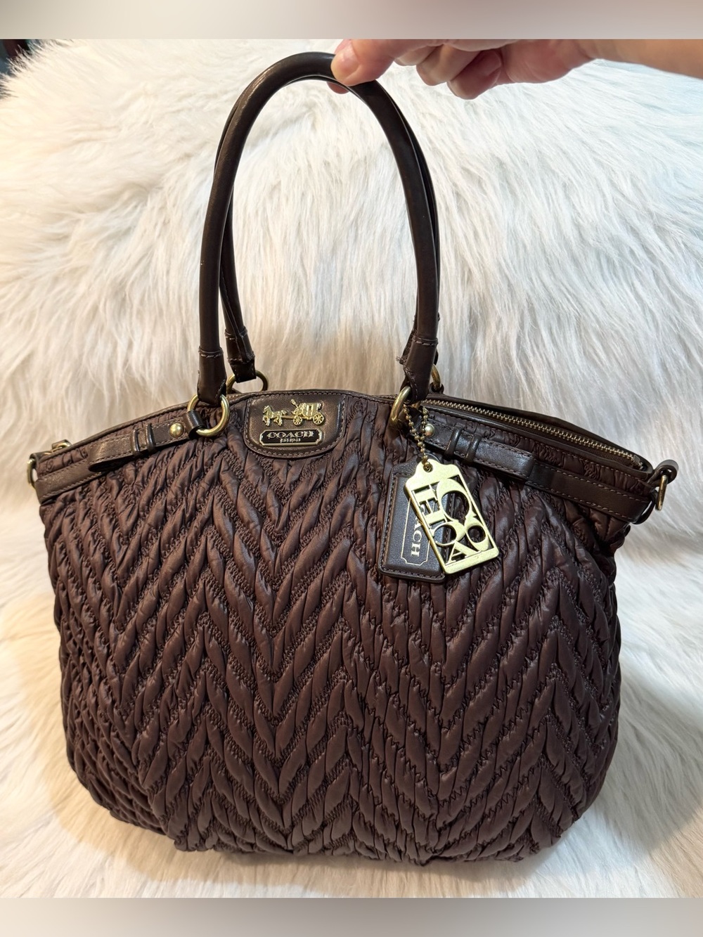 RARE Coach Madison Nylon Quilted Chevron Lindsey Satchel Shoulder Bag Brown EUC